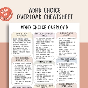 May include: A white informational sheet titled ADHD CHOICE OVERLOAD CHEATSHEET with a red circular badge stating USED BY PROFESSIONALS. The document features six pastel-colored boxes containing bulleted text explaining choice overload, cycles, and strategies for managing decisions.