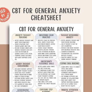May include: A CBT for General Anxiety cheatsheet featuring a grid of six rounded rectangular boxes with pastel backgrounds. Each box contains bulleted text detailing techniques like anxiety thought tracking, breathing practice, and coping skill building.