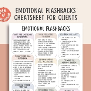Peut inclure: Une fiche d'information blanche et beige intitulée "Emotional Flashbacks Cheatsheet for Clients". Elle fournit des conseils pour identifier et gérer les flashbacks émotionnels, y compris les sensations corporelles, le dialogue interne et les techniques d'apaisement.