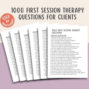 Puede incluir: Un conjunto de cinco hojas de trabajo imprimibles en blanco y negro con preguntas para una primera sesión de terapia. Las hojas de trabajo se titulan "Familia", "Infancia", "Actual", "Razonamiento" y "Afrontamiento". Cada hoja de trabajo tiene una lista de preguntas relacionadas con el título. El título "1000 preguntas para la primera sesión de terapia" está en la parte superior de la página.