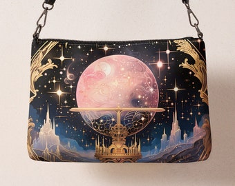 Bolso bandolera o embrague de fantasía celestial del espacio exterior - Monedero de bruja ajustable - Regalo para ella - Bolso vegano - Estrellas futuristas Estética oscura