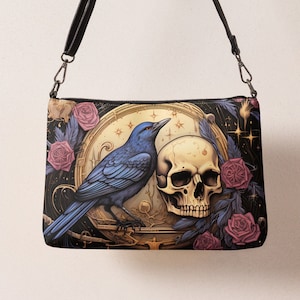 Crow and Skull Crossbody Bag or Clutch ~ Adjustable Witchy Purse ~ Gift For Her ~ Vegan Bag ~ Full Moon Roses Floral
