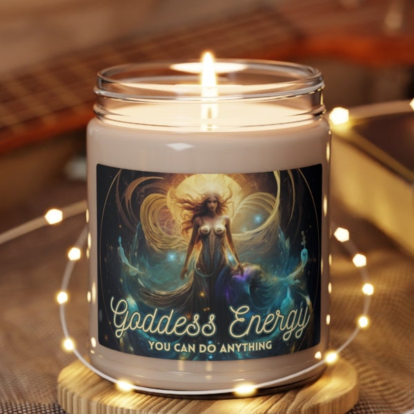 Goddess Energy Scented Candle, Glass + Soy Wax, Eco-Friendly, Positive Vibes Women Empowerment Celestial Astrology Psychic Moon Gift for Her