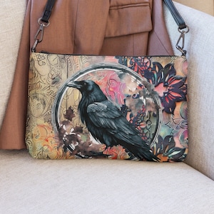 Crow Crossbody Bag or Clutch ~ Adjustable Witchy Purse ~ Gift For Her ~ Vegan Bag ~ Victorian Dark Academia Gothic Lace Printed Faux Leather