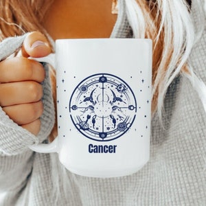 Taza de cáncer ~ Cerámica de 15 oz impresa en ambos lados ~ Signo de astrología de regalo del zodíaco