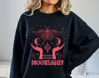 Moonlight Witchy Sweatshirt, Moth, Moons, All Seeing Eye, Chained Hands, Mystical Celestial Sweater, Tarot, Psychics, Magick, New Age