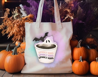 Spooky Vibes Ghostface Coffee Cotton Canvas Tote Bag, Watercolor Background with Bat Flying Out of the Cup, Trick or Treat Bag for Kids