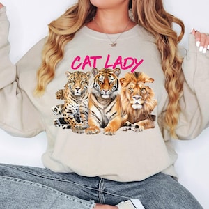 80s Cat Lady Wild Animal Sweater Funny Cat Mom Gift for Her ~ Choose White Sand Ash ~ Custom Lion Tiger Leopard Shirt Womens Clothing Top