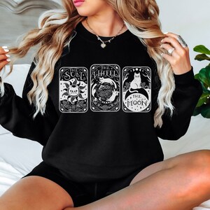 Rueda de la Fortuna Sol y Luna Tarot Suéter Gato Suéter Elegir Negro Azul Marino Bosque Verde Loco Gato Señora Mamá Hermana Regalo Esposa Bruja Estética