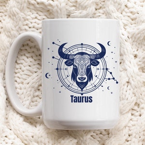 Taurus Mug ~ Large 15oz Ceramic Zodiac Tea Cup ~ The Bull Astrology Sign Birthday Gift ~ Celestial Birth Month