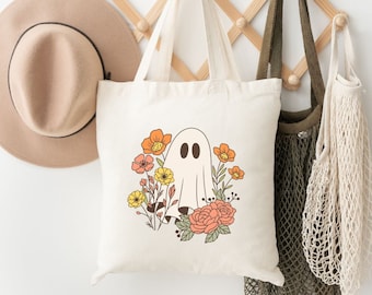 Bolso de mano Floral Fantasma Tote Lona Regalo Lona Natural Tote Lindo Tote Bolsa Fantasma Tote Bolsa de Compras Tote Bolsa Regalo Lindo Tote Bolsa Halloween