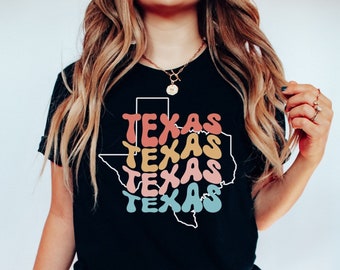 Texas Retro Camisa Coloridas Palabras Retro Texas Tee Texas State Pride Camisa para Mujeres Regalo Houston Rodeo Linda Camisa Groovy Country Retro Tee