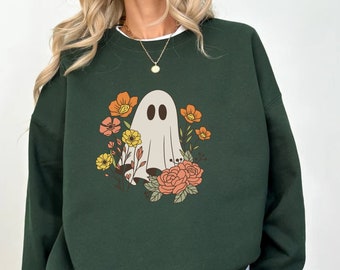 Boho Flowers And Ghost Sweatshirt,Vintage Flower Ghost Sweater,Retro Spooky Ghost Halloween Tshirt,Cute Ghost Retro Sweater,Happy Ghost Tee