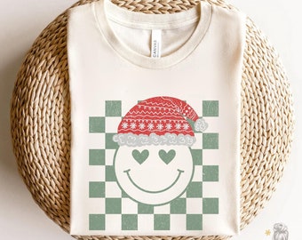 Glückliches Gesicht Weihnachtssankt-Hemd Lächeln-Hemd Weihnachtsmann-Feiertags-T-Shirt Glückliches Gesicht-Schmutz-Sankt-Weinlese-kariertes Lächeln-Hemd Glückliches Gesicht-Weihnachtsmütze