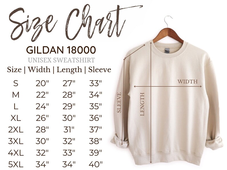 Peut inclure: Tableau des tailles pour un sweat-shirt unisexe Gildan 18000. Le tableau indique la largeur, la longueur et la longueur des manches en pouces pour les tailles S &agrave; 5XL.