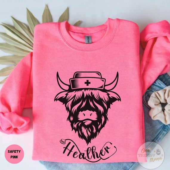 Nurse Highland Cow Sweatshirt,Custom Nurse Name Shirt,Nicu Nurse Boho Sweater,Personalized Nurse RN LPN CNA,Highland Cow Nurse Sweatshirt