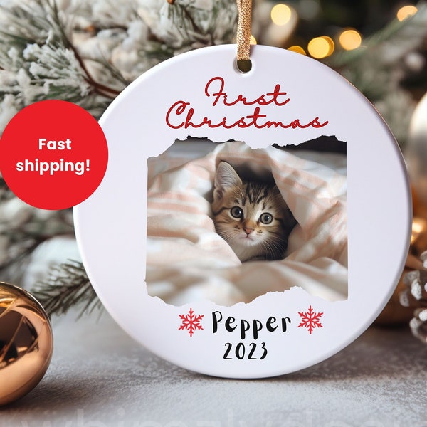 Kat eerste kerst, gepersonaliseerde kat ornament, kat minnaar cadeau, kat foto ornament, Kitty ornament, aangepaste kat cadeau, huisdier ornament, eerste kerst