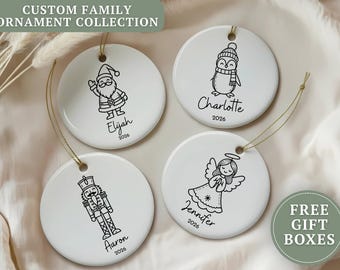 Personalized Name Christmas Ornaments Hand Drawn Christmas Characters Family Ornaments Christmas Family Keepsake Ornament Large Family Gift