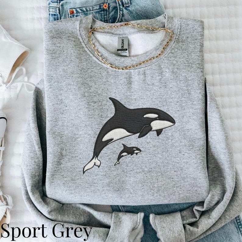 Embroidered Whale Orcas Shirt Ocean Sweatshirt Unisex Outdoors Gift California Sweater Coastal Whale Embroidered Crewneck Nature Lover Gift image 3