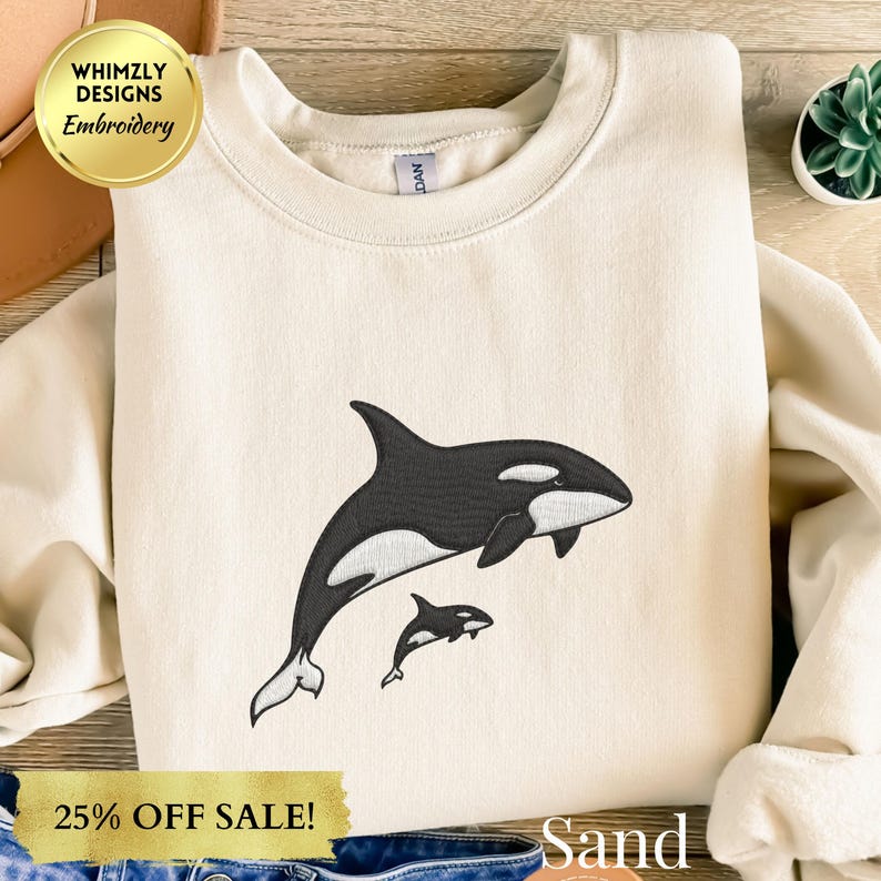 Embroidered Whale Orcas Shirt Ocean Sweatshirt Unisex Outdoors Gift California Sweater Coastal Whale Embroidered Crewneck Nature Lover Gift image 1