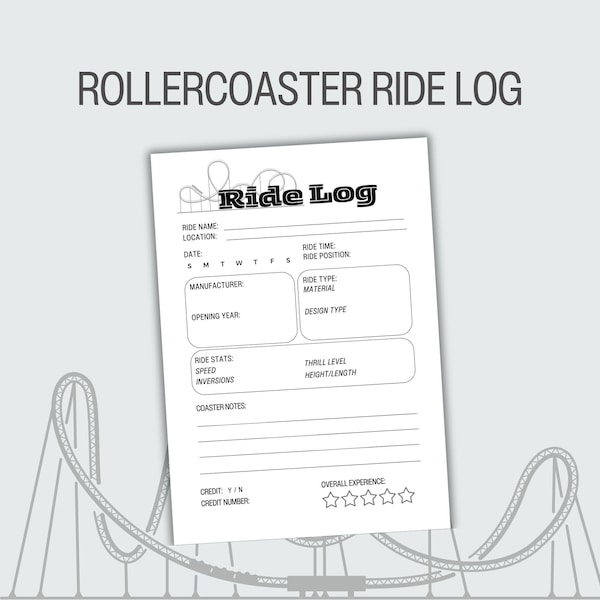 Printable Rollercoaster Ride Log - Theme Park Log - Rollercoaster Logbook - Ride Logbook - Rollercoaster Log - Amusement Park Ride Log