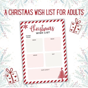 Weihnachtswunschliste für Erwachsene - PDF zum Ausdrucken - Weihnachtswunschliste zum Ausdrucken - Weihnachtsgeschenkliste zum Ausdrucken - Weihnachtsliste