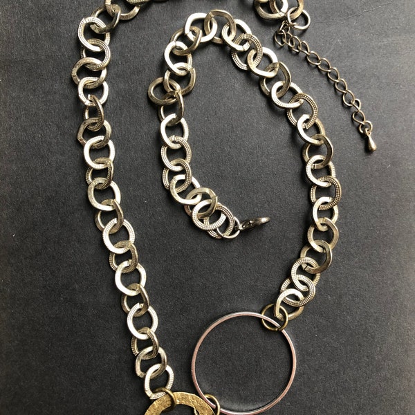 Unique handcrafted necklace using pre loved vintage chain and recycled hammered brass .Made by Reilyroedtudio