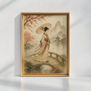 Oriental Wall Art, Japanese Lady, Vintage Watercolour Painting, Traditional Oriental Framed Art, Geisha