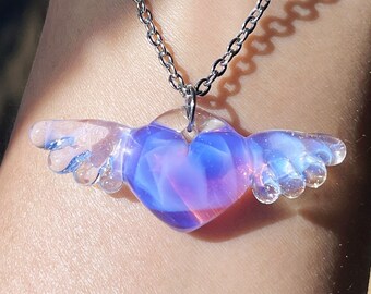 Fused glass heart pendant,Wings Pendant,heart Necklace,pink glass pendant,handmade gift,gift for lover