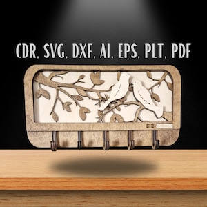 Progetto portachiavi in legno per taglio laser / Portachiavi in legno Birds Love con cinque ganci - File vettoriale digitale SVG, DXF, CDR. eps, ai, pdf, plt