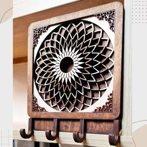 Porta llaves Mandala de madera Eleve su entrada - Porta llaves Mandala de múltiples capas con 4 ganchos - Descarga digital SVG Proyecto Archivo cortado con láser