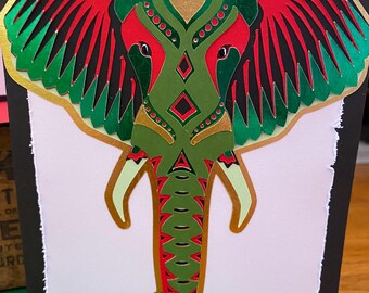 Festive elephant holiday card- dimensional and handmade