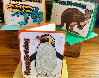 Hoppy birthday card trio – rockhopper penguin, wallaby, frog