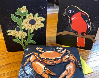 Baltimore, Maryland notecard set- Crab, oriole, black-eyed Susan, handmade