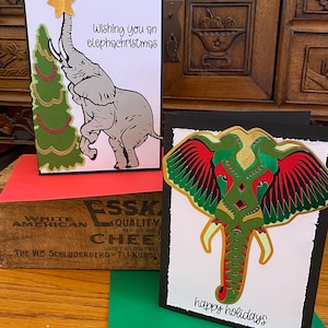 Par de tarjetas navideñas con forma de elefante, dimensionales y hechas a mano