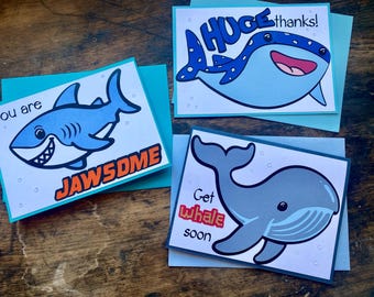 Whale and shark notecard trio- handmade and dimensional