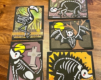 Halloween animal skeleton pop-up cards- bat, flamingo, tortoise, wolf, hedgehog or porcupine
