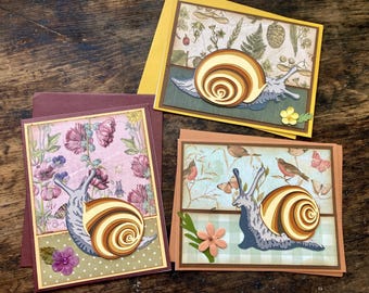 Snail mail notecard trio- handmade and dimensional