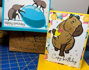 Birthday cards- dung beetle and capybara- dimensional