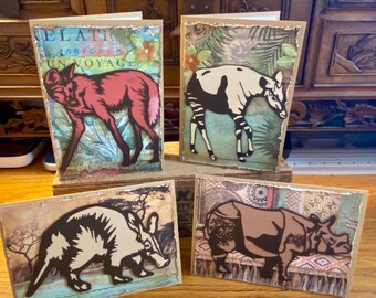 Mammal notecard set- okapi, Indian rhino, aardvark, maned wolf