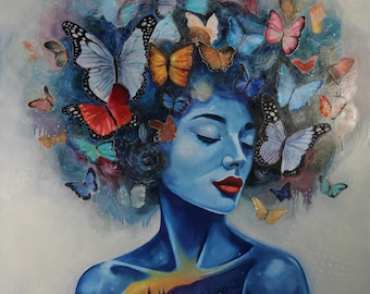 Mystical, Surrealism,Fantasy Painting,Dreamscape, Butterfly, Cosmic, Female, Symbolism, Nature, Imaginative, Meditative Mood, Abstract