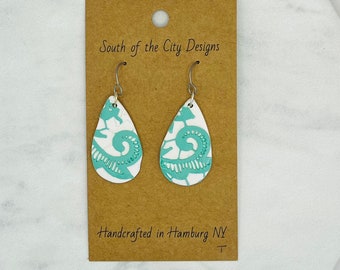 Mint green lace on white polymer clay dangle earrings