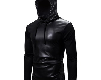 Halloween Customized Gothic  Men's Leather Black Hoodies, Sweatshirts Male Slim Fit Sheep Leather Hooded Jacket, Coat Black Tops For Men