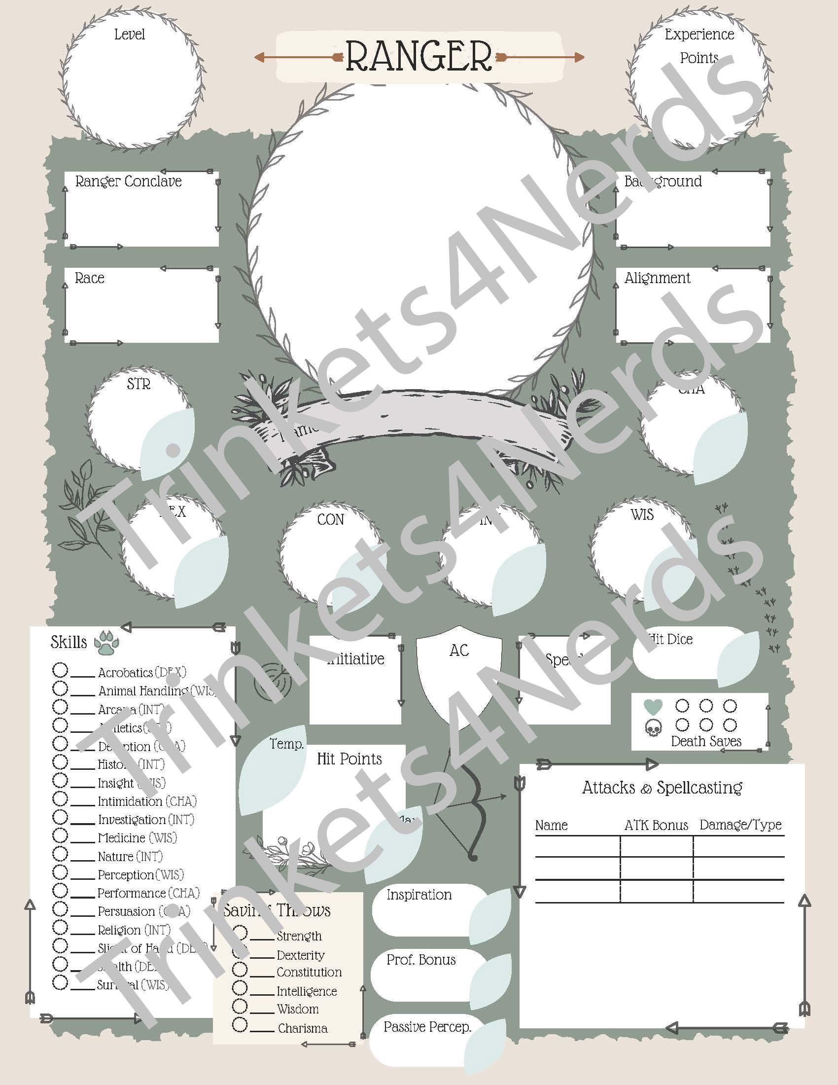 D&D 5e Ranger Character Sheet Printable (PDF) - Etsy