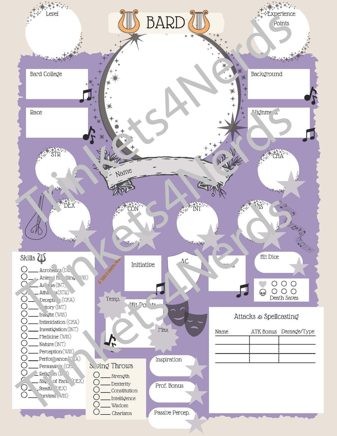 D&amp;D 5e Bard Aesthetic Character Sheet Printable - Etsy
