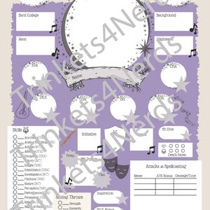 D&D 5e Bard Aesthetic Character Sheet Printable