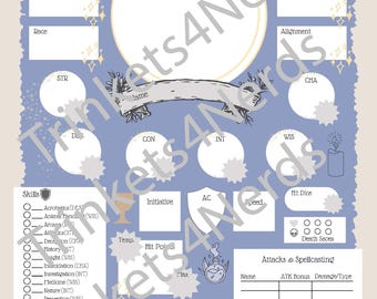 May include: A printable character sheet for a cleric in a Dungeons and Dragons game. The sheet is on a blue background with gold stars and has sections for character name, race, class, level, experience points, alignment, background, skills, saving throws, attacks, and spellcasting.