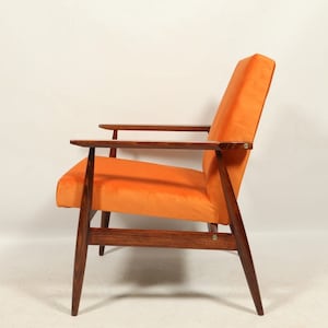 Vintage Armchair Juice Orange Velvet Brown Wood Scandinavian Lounge Chair