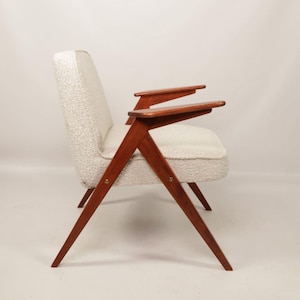 Bouclè Armchair by J. Chierowski, 1960 Poland, Wooden Armchair Scandinavian Design