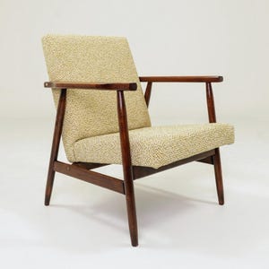 Vintage armchair Mid Century Modern pattern fabric green & white natural wood, Poland, 1970s
